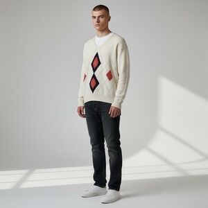 La Mode Vintage Men's Argyle 100%  Cotton Golf Sweater Large Cream Multi Allover